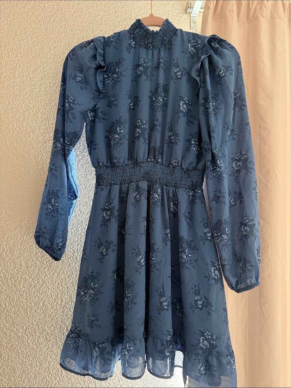 Forever 21 Navy Floral Smocked-Waist Ruffle-Neck Mini Dress